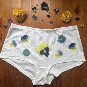 Pointelle Cotton Underwear Pansie Panty ~ Handprinted / Flower Pounding with Real Pansies Size S / 2 - 4