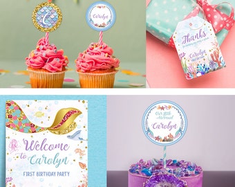 Mermaid first birthday party decorations, EDITABLE printables, mermaid decor, mermaid party, under the sea party decorations