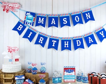 Paquete e invitación imprimibles para fiesta de cumpleaños de avión, decoración de fiesta de avión vintage, cumpleaños de avión, aventuras esperan decoraciones