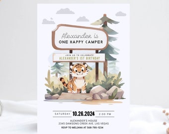 One Happy Camper First Birthday Invitation, Tiger Year First birthday, Forest Camping Boy 1st  Birthday Party, Editable Printable Templates