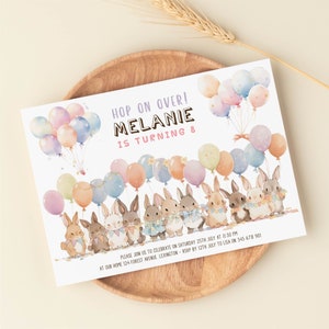 Bunny 8th Birthday Invitation Template,  Editable Bunnies Balloons Birthday Party Invite, Printable Pastel Invitation Instant download corjl