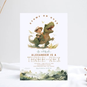 Three-Rex Invitation, Editable Dinosaur Birthday Invite, Three Rex Bday, 3-Rex Dinosaur Digital Invitation,  T-Rex Party, Instant Download