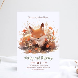 Invito di compleanno carino volpe autunnale, invito di compleanno di animali della foresta fatata, festa di animali del bosco, modello autunnale stampabile download immediato