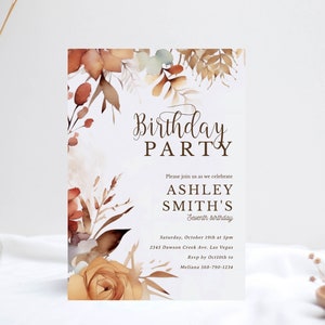 Herbst-Geburtstags-Party-Einladung, Herbst-Blumen-Geburtstags-Einladung, gepresste Blumen, Kürbis, Herbstblätter, rustikale Töne neutral boho Themecorjl