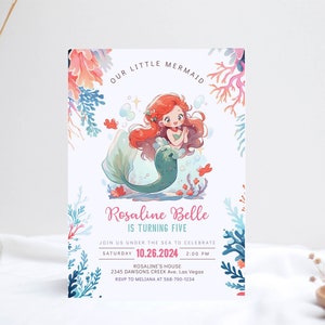 Mermaid Birthday Invitation, Mermaid Princess Birthday Party Invites, Little Mermaid, Evite, Mobile Phone Editable Digital Download Corjl