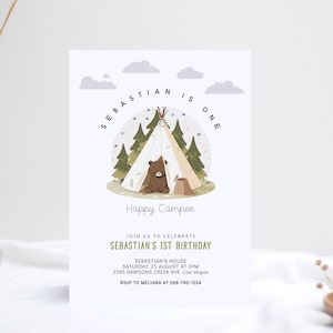 Happy Camper Birthday Invitation One Happy Camper First Birthday Camping Birthday Party Editable Printable Templates Digital Download Corjl