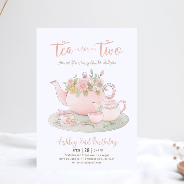 Editable Tea For Two Birthday Invitation Tea For Two 2nd Birthday Party Pink Gold Floral Whimsical Tea Party Instant Download