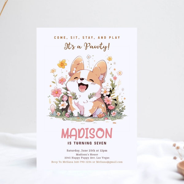 Dog Birthday Invitation Corgi Puppy Invitation Lets Pawty Birthday Invitation for Girls Digital Download Invite EDITABLE