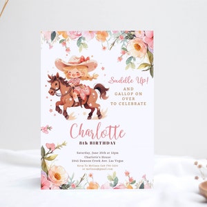 Horse Birthday Invitation Girl Saddle Up Watercolor Cowgirl Party Horse Invite Pink Floral Download Printable Template Corjl EDITABLE
