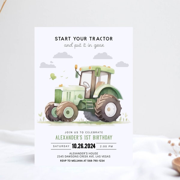 Minimalist Green Tractor Birthday Invitation, Editable Boy 1st Birthday Farm Vehicles Theme Birthday Invite Template Digital Download Corjl