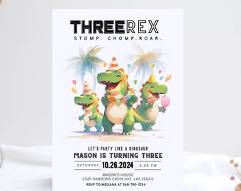 Three Rex Dinosaur Birthday Invitation Modern Tyrannosaurus Dinosaur, Three rex birthday, three rex invite Printable Template CORJL