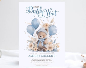 Boho Blue Bear Baby Shower Invitation Template, Teddy Bear Baby Shower Invitation Printable Editable, Boy Boho Baby Shower Invite corjl
