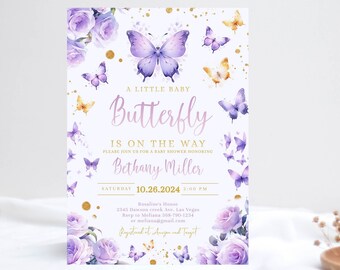 Editable Purple Butterfly Baby Shower Invitation Girl Butterfly Theme baby shower invite Printable template Instant Download corjl