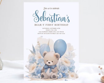 Boho Blue Bear Boy First Birthday Invitation Template, Teddy Bear Birthday Invitation Printable Editable, Boy Boho Birthday Invite corjl