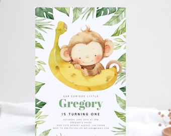 Monkey Safari Birthday Invitation - Curious Monkey & Banana Design for Boy's Party, Instant Download for Kids Birthday Bash