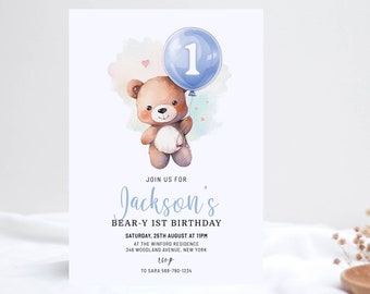 Blue Bear Birthday Invitation, Bear-y First Birthday, Bear Balloons Invitation, 1st Birthday Boy, Cute Teddy Bear Invitation, digital corjl