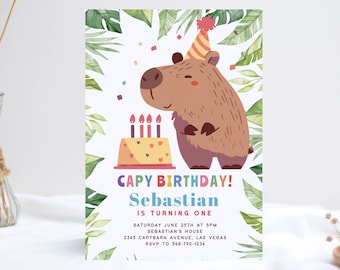 Editable Capybara Invite Template - Printable Forest-Themed Birthday Invitation with Adorable Party Hat Capybara Design
