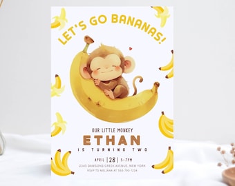 Let's Go Bananas Birthday Invite - Curious Monkey & Banana, Editable Safari Theme for Boys, Curious Monkey Birthday, Tropical Invitation