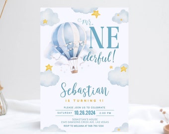 Mr ONEderful Invitation, 1st Birthday Boy Invitation, Blue Hot Air Balloon Birthday Invitation, 1st Birthday Printable Editable Invitation