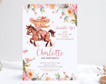 Horse Birthday Invitation Girl Saddle Up Watercolor Cowgirl Party Horse Invite Pink Floral Download Printable Template Corjl EDITABLE