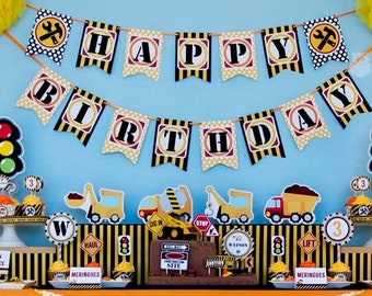 Decoraciones de fiesta de cumpleaños de construcción, paquete e invitación imprimible para fiesta EDITABLE, constructor de construcción de camiones volquete