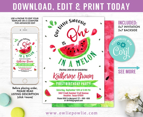 Watermelon Invitation, EDITABLE Birthday Invitations, Red Watermelon Party, One in a Melon, 1st Birthday Instant download Printable Digital Il_570xn