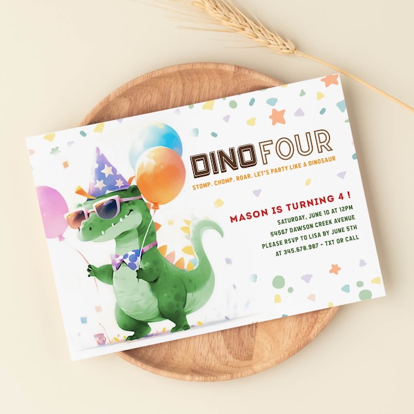 Dino Four Dinosaur Birthday Invitation Modern Tyrannosaurus Dinosaur, Three rex birthday, dinosaur invite Printable Template CORJL
