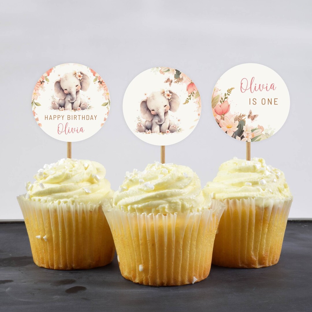 Pink Little Elephant Cupcake Toppers - 9-Piece Set, Cute Elephant Picks For Baby Shower & Birthday Parties