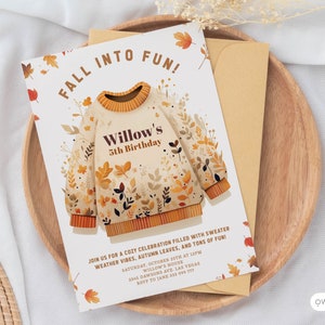 Invitation d'anniversaire de feuilles d'automne | Une invitation à une soirée confortable avec un pull | Imprimable d'automne modifiable pour les enfants