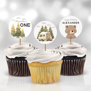 Happy Camper Cupcake Toppers, One Happy Camper Decorations, Camping Tent Birthday Party Editable Template, Instant Download