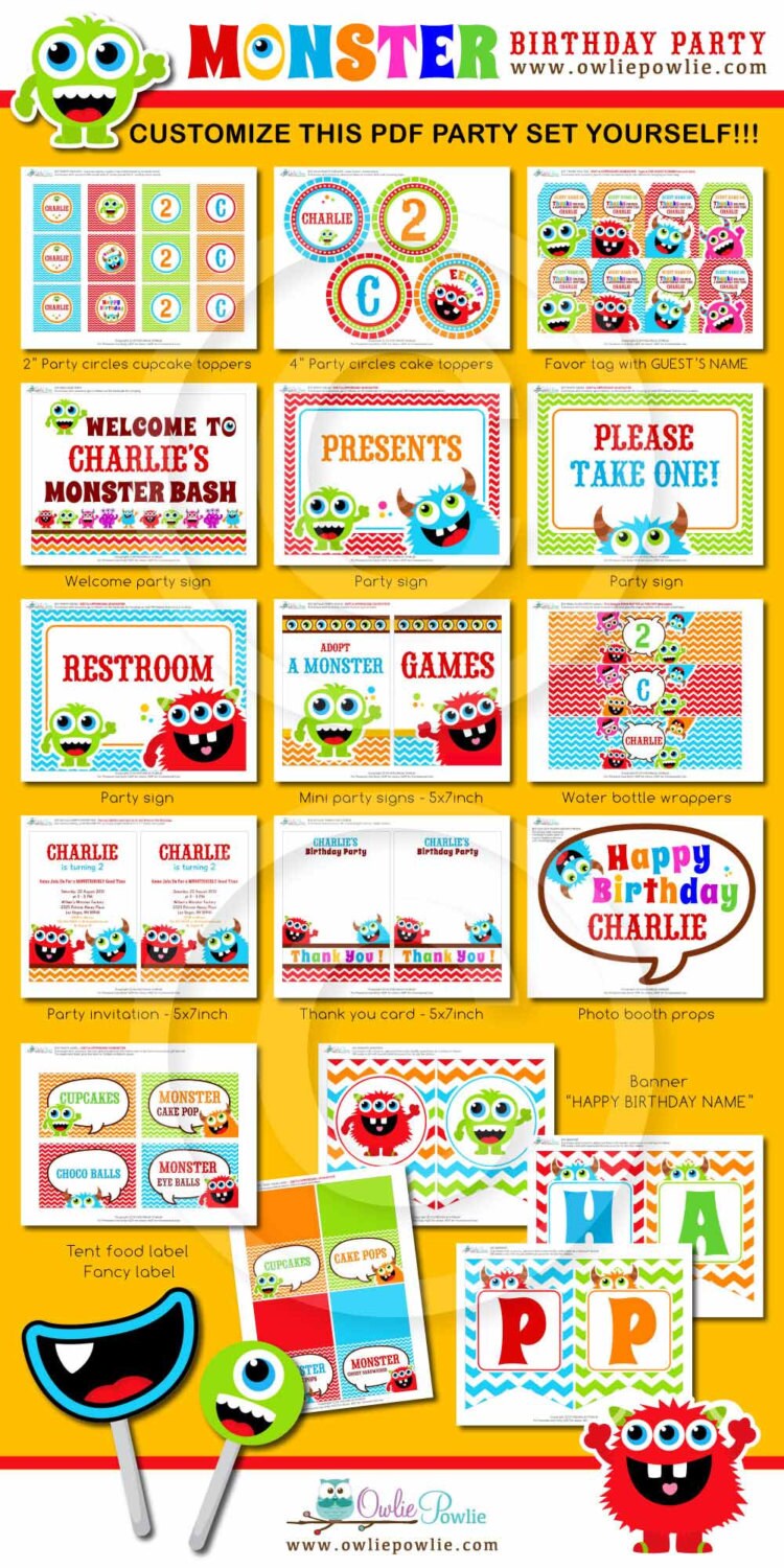 Monster BIRTHDAY Party Printable Package &amp; Invitation Monster | Etsy