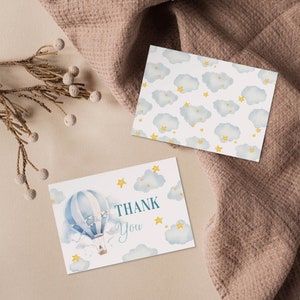 Cartão de agradecimento editável em aquarela Mr Onederful, decorações de aniversário com balão de ar quente azul, download instantâneo, festa para cima e para longe