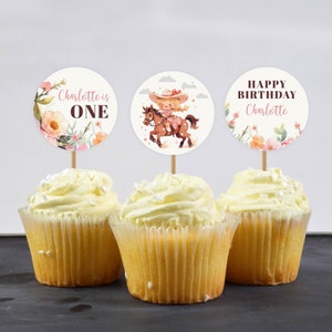 Editable Cowgirl Cupcake Toppers, Girl My First Rodeo birthday, Western birthday decoration, girl Wild West party, pink cowboy party, corjl