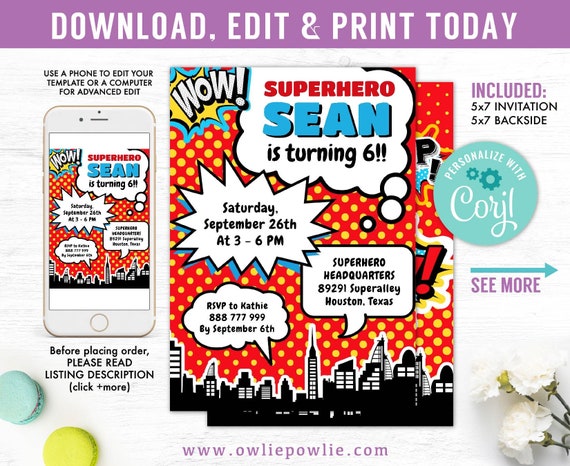Superhero Invitation, Superhero Birthday Party,Comic Book Invitation,EDITABLE Birthday Invitation, Instant download Printable Digitals Il_570xn