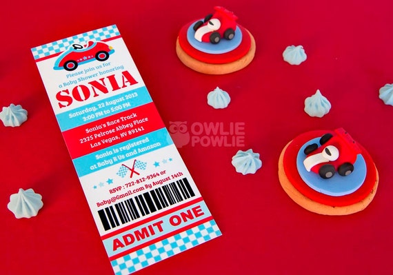 Blue Race Car BABY Shower Printable 2.5 x 7 inch Ticket Pass Invitation Il_570xn