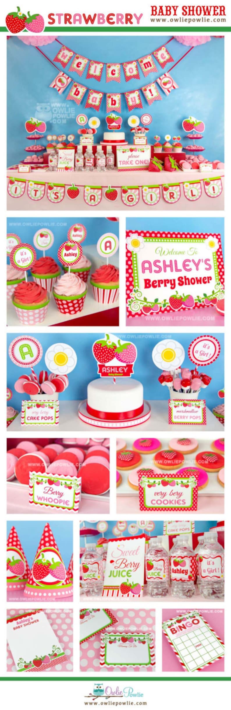 Strawberry BABY Shower Party Printable Package & Invitation, girl baby shower decorations, strawberry party decor, berry baby shower invites image 8