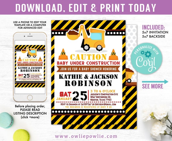 under construction baby shower invitations