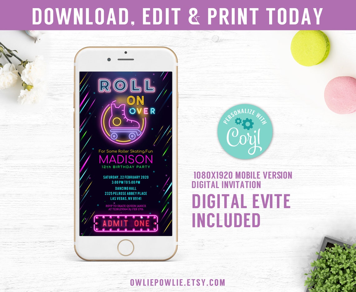 Glow Roller Skating Ticket Invitation EDITABLE Roller Skate Etsy