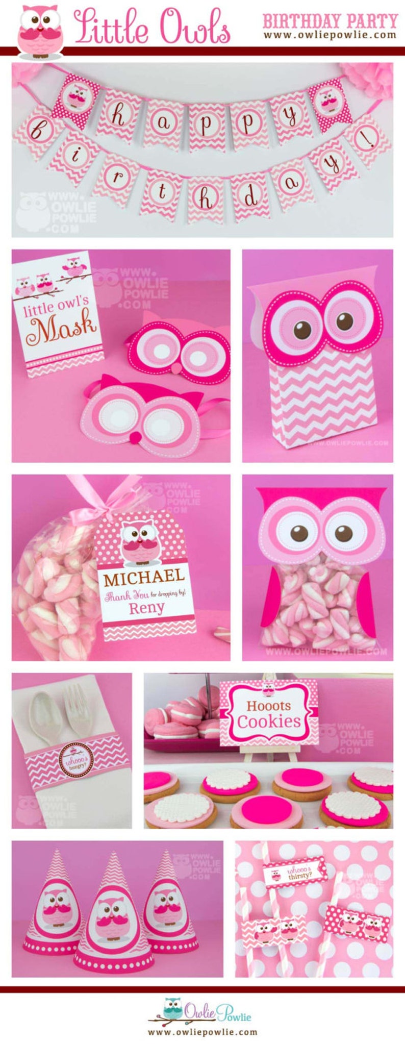 Pink Owl BIRTHDAY Party Printable Package & Invitation, owl birthday decoration, look whoos one, look whoo's turning one, owl party decor image 3