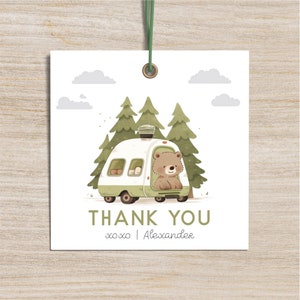 Bearbeitbarer Happy Camper Favor Tag, Ein glücklicher Camper, Camping Geburtstagsdekoration, Bär Geburtstagsparty, Outdoor Party, Sofortiger Download
