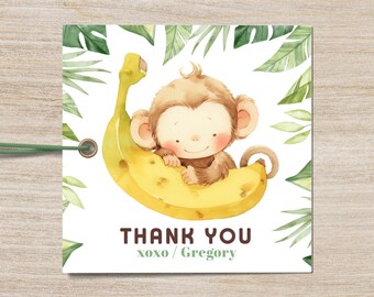 Editable Curious Monkey Favor Tag, Jungle safari Birthday Decorations, wild one boy first birthday party, Outdoor Party, Instant Download