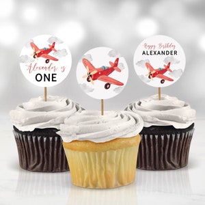 Editable Red Airplane Cupcake Toppers, Modern airplane Birthday Decorations, transportation theme birthday, boy 1st bday, Instant Download