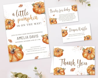 Editable Little Pumpkin Baby Shower Invitation Bundle, Gender Neutral Autumn Pumpkin Invitation, Fall Minimalist Baby Shower Invite Set