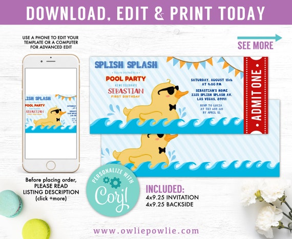 Duck float pool ticket Invitation, EDITABLE invitation, splish splash invitation, duck party invitations, rubber duck party invitations Il_570xn