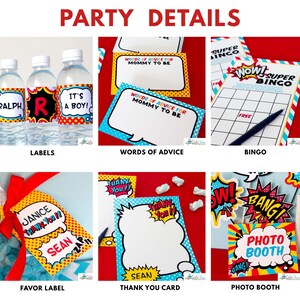 May include: A collection of comic book themed party supplies including water bottle labels with text like IT'S A BOY, advice cards, Super Bingo game sheets, favor tags with red ribbons, thank you cards, and photo booth props with comic style graphics.