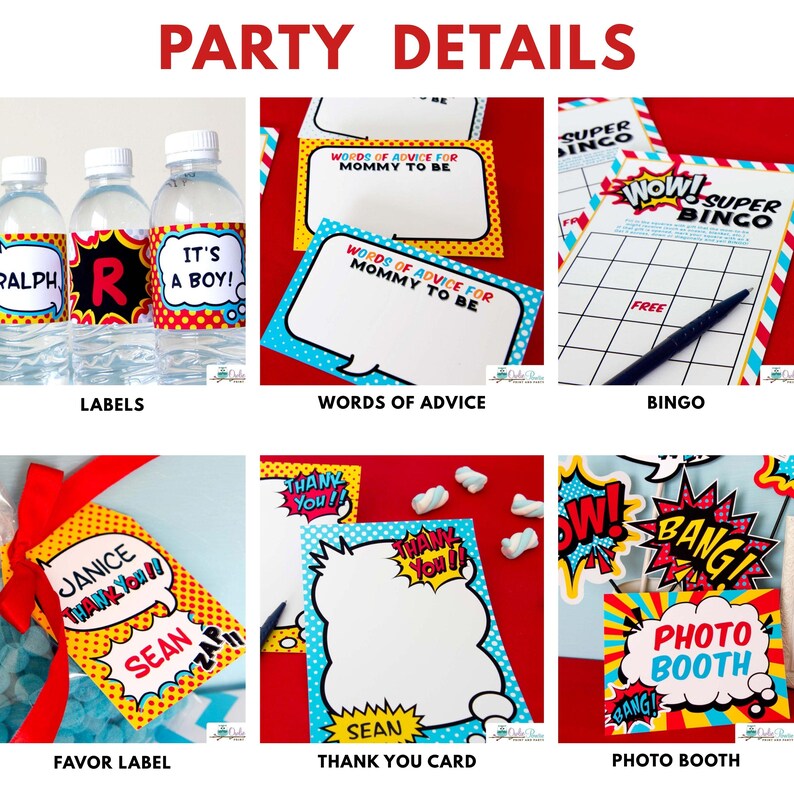 May include: A collection of comic book themed party supplies including water bottle labels with text like IT'S A BOY, advice cards, Super Bingo game sheets, favor tags with red ribbons, thank you cards, and photo booth props with comic style graphics.