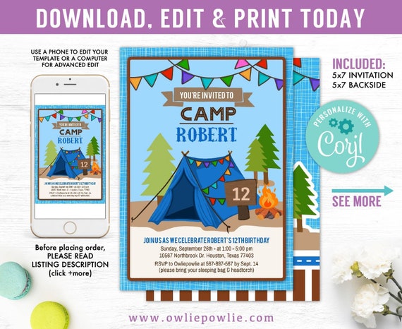 Blue Glamping invitation,Campfire Sleepover party, EDITABLE Birthday Invitation,camping invitation, Instant download Printable Digital Il_570xn