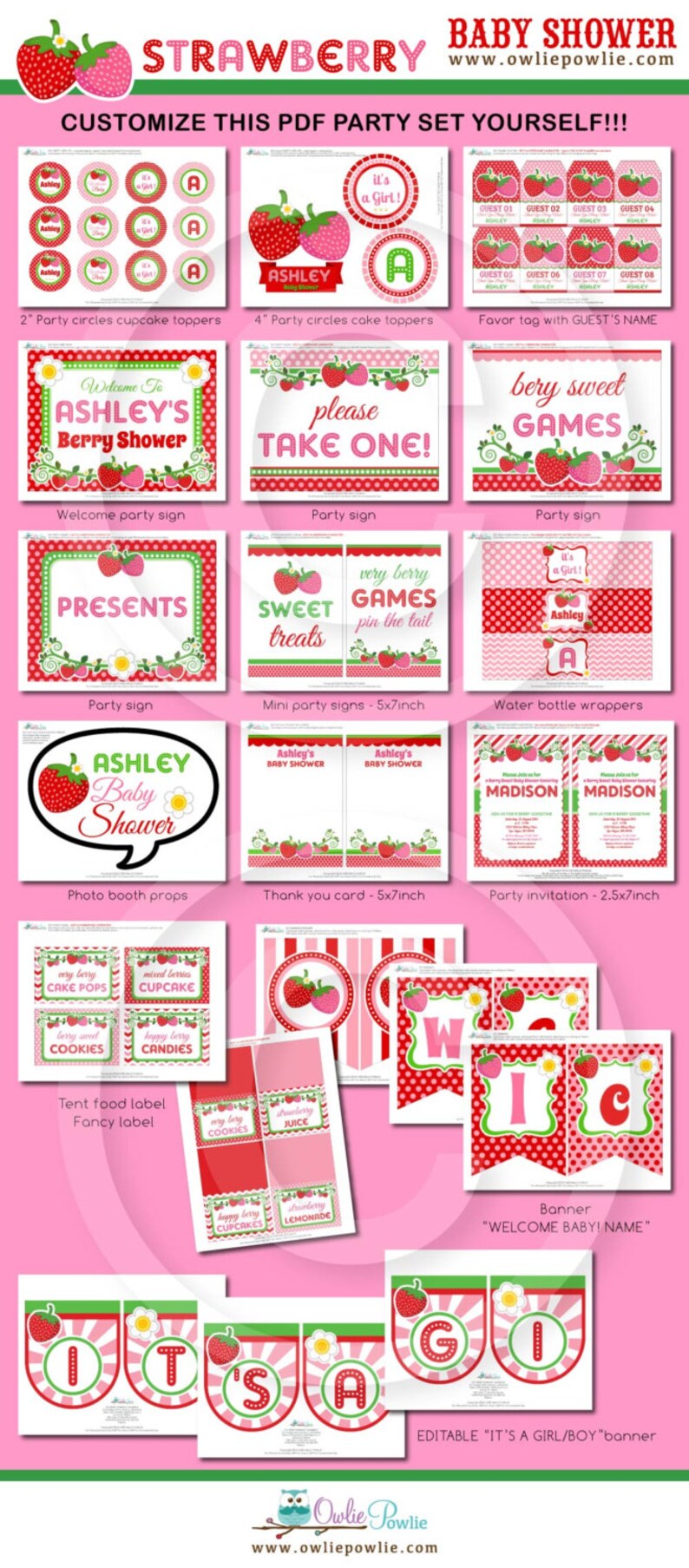 Strawberry BABY Shower Party Printable Package & Invitation, girl baby shower decorations, strawberry party decor, berry baby shower invites image 9