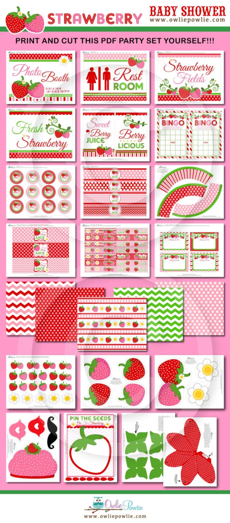 Strawberry BABY Shower Party Printable Package & Invitation, girl baby shower decorations, strawberry party decor, berry baby shower invites image 10