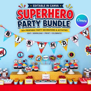 Superhero Birthday Party Printable Package, Comic Book Theme (Canva)